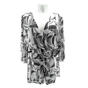Ashley Stewart White Black Geo Swirl V-Neck Split Back Romper 30 NWT Long Sleeve
